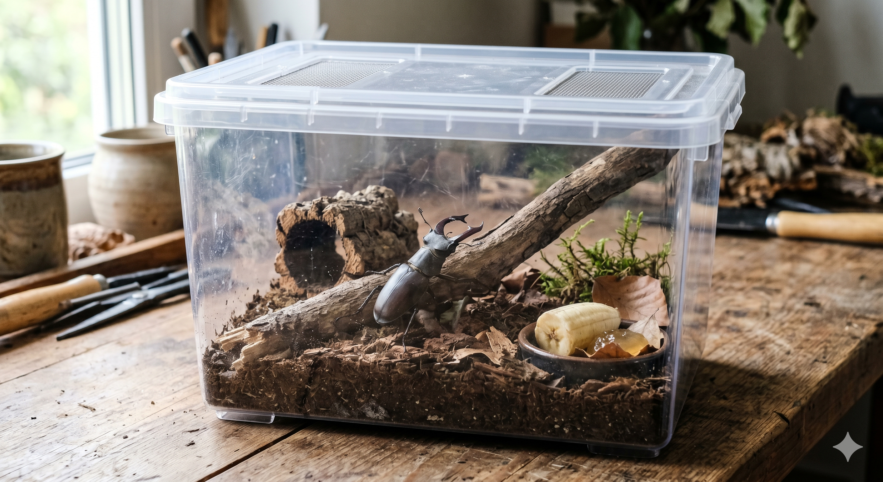 Example beetle enclosure setup with substrate, bark, and food